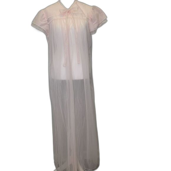 VTG Val Mode Robe‎ Pastel Pink Sheer Organza Bow Tie Neckline Feminine Trad Wife - Picture 1 of 9